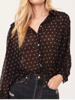 Free People Ciara sheer Button Down Blouse black orange polka dot print large